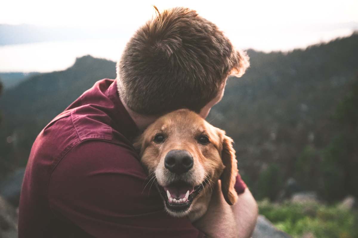 Padrone stringe il suo animale domestico, un cane