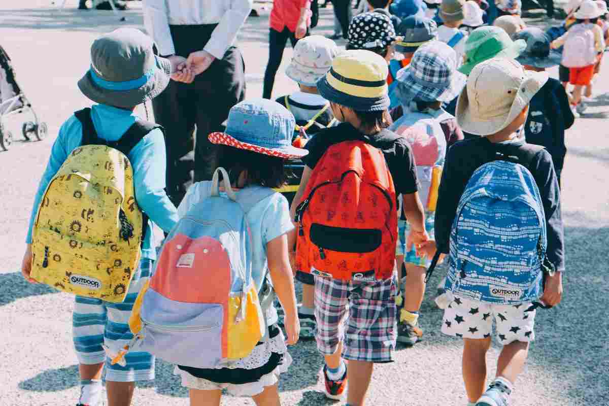 Bambini vanno a scuola con lo zaino sulla schiena
